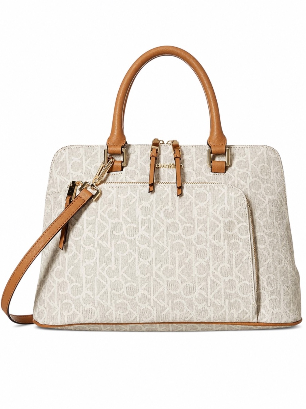 (NWOT) Calvin Klein Hudson Monogram Dome Satchel Crossbody Bag Almond Khaki